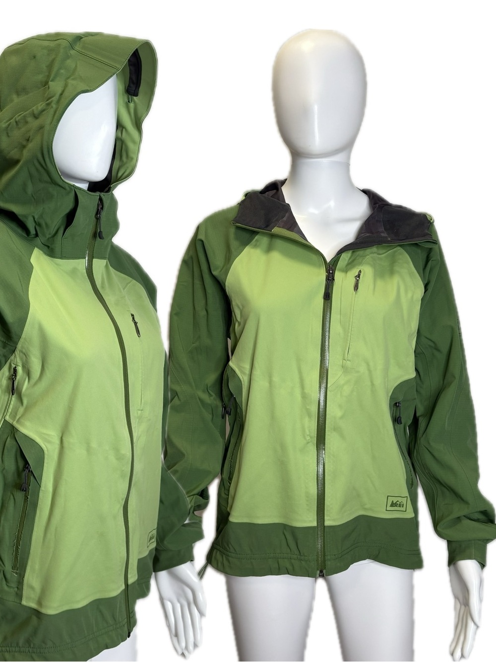 REI Green Color Block Hooded Zip Rain Jacket Womens Size Small Zippered Pockets
